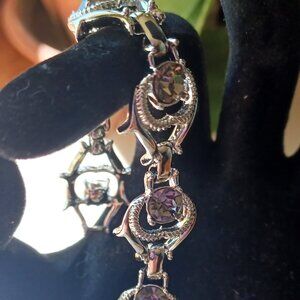 Silver Tone Bracelet Signed SC with Purple Rhinestones